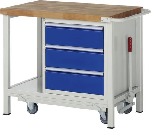 RAU établi Serie 8000 de type rabattable, 3 tiroirs, 1 tablette, 1 barre de poussée, RAL7035 gris clair/RAL5010 bleu gentiane