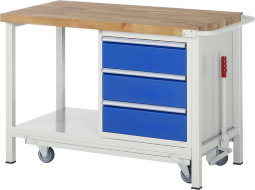 RAU établi Serie 8000 de type rabattable, 3 tiroirs, 1 tablette, 1 barre de poussée, RAL7035 gris clair/RAL5010 bleu gentiane