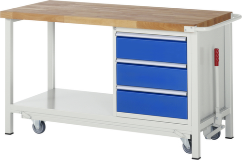 RAU établi Serie 8000 de type rabattable, 3 tiroirs, 1 tablette, 1 barre de poussée, RAL7035 gris clair/RAL5010 bleu gentiane