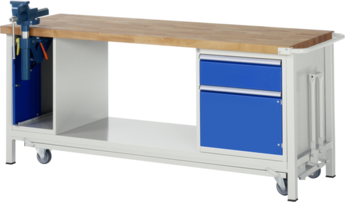 RAU Établi Serie 8000, 1 tiroir, 1 tablette, 2 armoires, 1 étau, RAL7035 gris clair/RAL5010 bleu gentiane