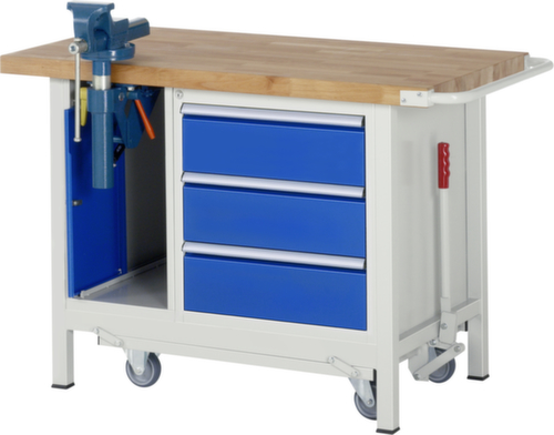 RAU Établi Serie 8000, 3 tiroirs, 1 armoire, 1 étau, RAL7035 gris clair/RAL5010 bleu gentiane