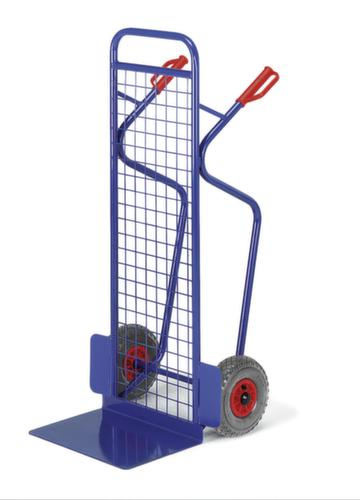 Rollcart diable pour caisses avec paroi arrière grillagée très haute, force 250 kg, caoutchouc plein bandage