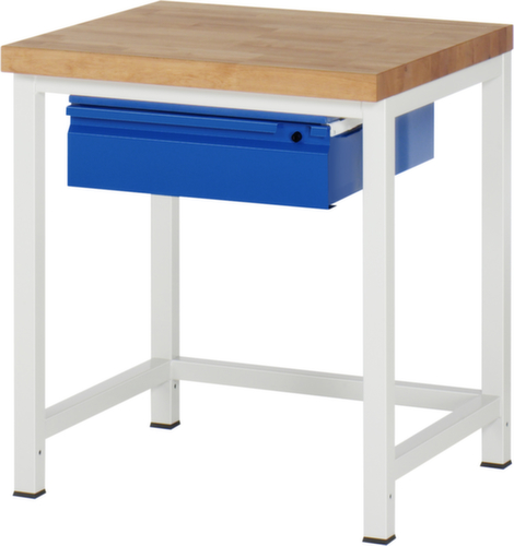 RAU Établi à hauteur réglable Serie 8000 avec plateau en hêtre, 1 tiroir, RAL7035 gris clair/RAL5010 bleu gentiane