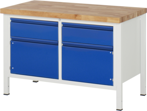 RAU Établi à hauteur réglable Serie 8000 avec plateau en hêtre, 2 tiroirs, 2 armoires, RAL7035 gris clair/RAL5010 bleu gentiane