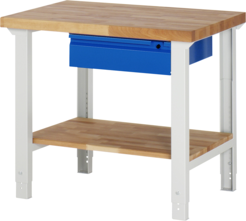 RAU Établi à hauteur réglable en continu Basic, 1 tiroir, 1 tablette, RAL7035 gris clair/RAL5010 bleu gentiane