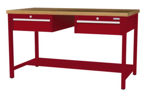 Bedrunka + Hirth Etabli avec plateau en hêtre massif Piétement en plusieurs couleurs, 2 tiroirs, 1/2 tablette