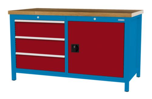 Bedrunka + Hirth Etabli avec plateau en hêtre massif Piétement en plusieurs couleurs, 3 tiroirs, 1 armoire
