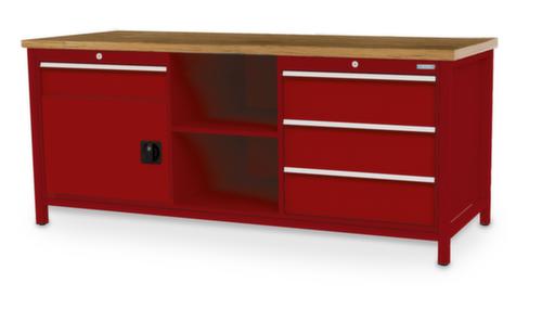 Bedrunka + Hirth Etabli avec plateau en hêtre massif Piétement en plusieurs couleurs, 3 tiroirs, 1 armoire, 2 tablettes