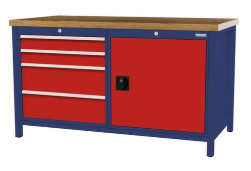 Bedrunka + Hirth Etabli avec plateau en hêtre massif Piétement en plusieurs couleurs, 4 tiroirs, 1 armoire