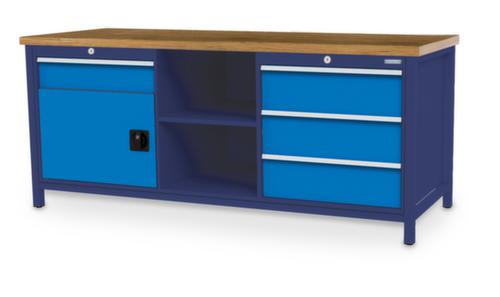 Bedrunka + Hirth Etabli avec plateau en hêtre massif Piétement en plusieurs couleurs, 3 tiroirs, 1 armoire, 2 tablettes