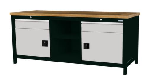 Bedrunka + Hirth Etabli avec plateau en hêtre massif Piétement en plusieurs couleurs, 2 tiroirs, 2 armoires, 2 tablettes