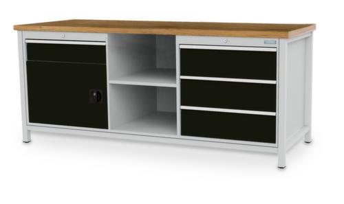 Bedrunka + Hirth Etabli avec plateau en hêtre massif Piétement en plusieurs couleurs, 3 tiroirs, 1 armoire, 2 tablettes