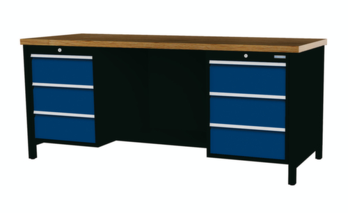 Bedrunka + Hirth Etabli avec plateau en hêtre massif Piétement en plusieurs couleurs, 6 tiroirs, 1/2 tablette