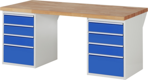 RAU établi Serie 7000 avec piètement en blocs à tiroirs, 8 tiroirs, RAL7035 gris clair/RAL5010 bleu gentiane