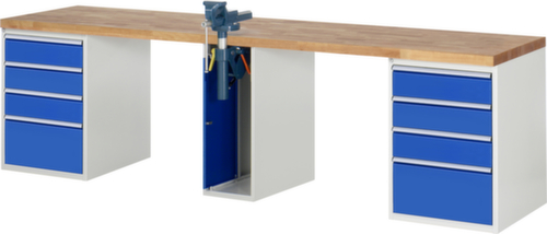 RAU établi Serie 7000 avec piètement en blocs à tiroirs, 10 tiroirs, 1 armoire, 1 étau, RAL7035 gris clair/RAL5010 bleu gentiane