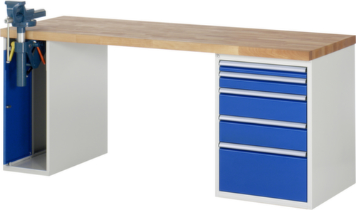 RAU établi Serie 7000 avec piètement en blocs à tiroirs, 5 tiroirs, 1 armoire, 1 étau, RAL7035 gris clair/RAL5010 bleu gentiane