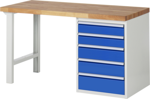 RAU établi Serie 7000 avec piètement en blocs à tiroirs, 5 tiroirs, RAL7035 gris clair/RAL5010 bleu gentiane