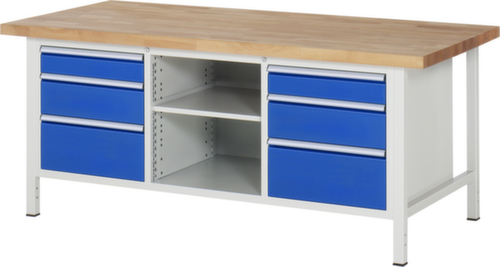 RAU Établi à hauteur réglable Serie 8000, 6 tiroirs, 2 tablettes, RAL7035 gris clair/RAL5010 bleu gentiane