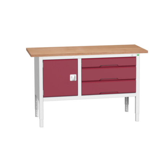 bott bloc établi à hauteur réglable verso, 3 tiroirs, 1 armoire, RAL7035 gris clair/RAL3004 rouge pourpre