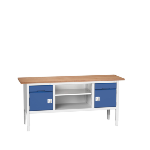bott bloc établi à hauteur réglable verso, 2 tiroirs, 2 armoires, 1 tablette, RAL7035 gris clair/RAL5010 bleu gentiane