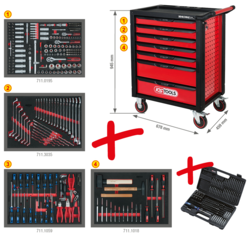 KS Tools RACINGline BLACK/ROT Chariot d'atelier avec 7 tiroirs et 515 outils haut de gamme