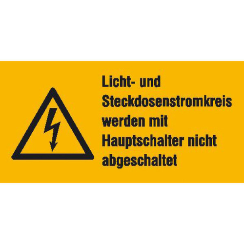 panneau d'avertissement combiné SafetyMarking® sur feuille « L'interrupteur principal ne coupe pas le circuit d'éclairage ni le circuit de prises électriques »