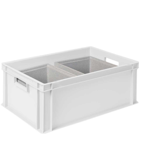 Bac gerbable norme Europe avec 2 boîtes isothermes, blanc, capacité 44,5 l, couvercle indépendant pour boîte isotherme