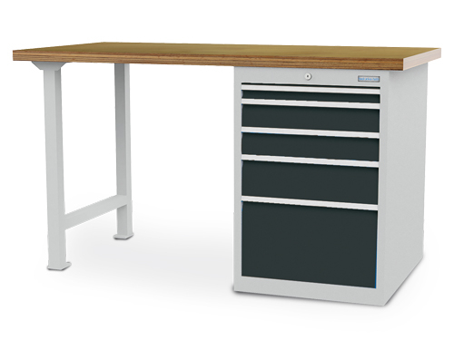 Bedrunka + Hirth établi avec piètement en blocs à tiroirs, 5 tiroirs, 1 armoire, RAL7035 gris clair/RAL7016 gris anthracite