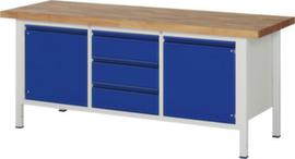 RAU höhenverstellbare Werkbank Serie 8000 mit Bucheplatte, 3 Schubladen, 2 Schränke, 2 Ablageböden, RAL7035 Lichtgrau/RAL5010 Enzianblau