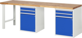 RAU Werkbank Serie 7000 mit Containergestell, 8 Schubladen, RAL7035 Lichtgrau/RAL5010 Enzianblau