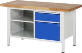 RAU Höhenverstellbare Werkbank Serie 8000, 1 Schublade, 1 Schrank, 2 Ablageböden, RAL7035 Lichtgrau/RAL5010 Enzianblau