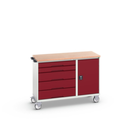 bott Fahrbarer Montagetisch verso, 5 Schubladen, 1 Schrank, RAL7035 Lichtgrau/RAL3004 Purpurrot