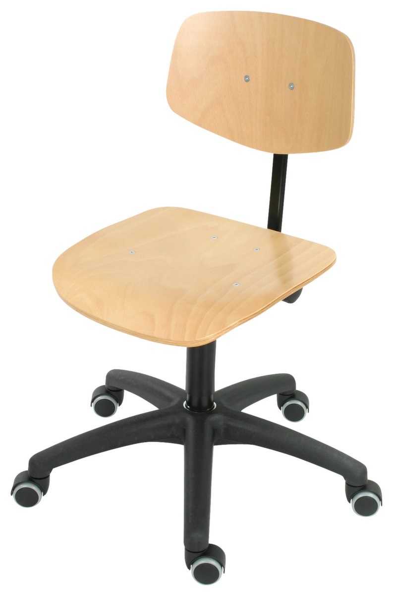 Arbeitsstuhl mit höhenverstellbarer Rückenlehne, Sitz Buche natur, mit Rollen Standard 1 ZOOM