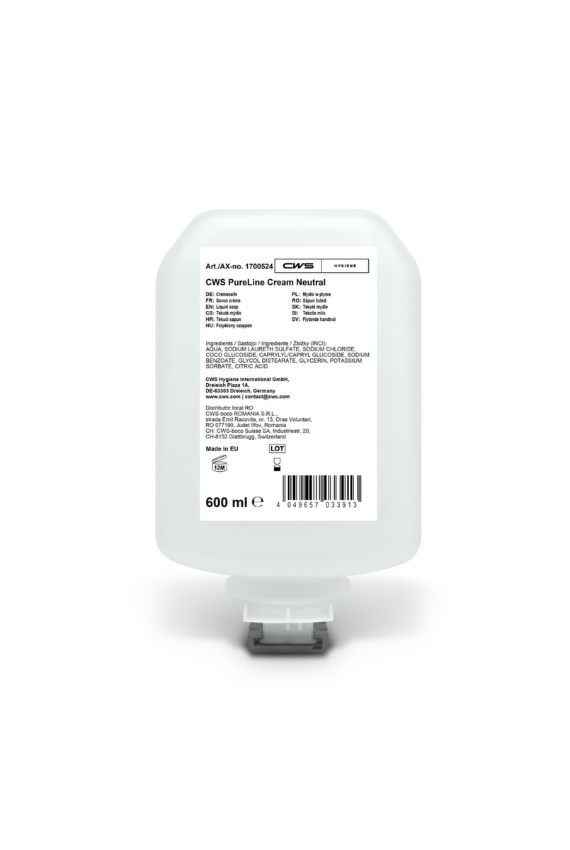 CWS Cremeseife PureLine Cream Neutral, 0,6 l, Feuchtigkeitsspendend und dermatologisch getestet Standard 1 ZOOM