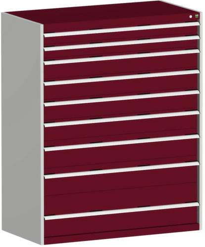 bott Armoire à tiroirs cubio surface de base 1300x650 mm, 9 tiroir(s), RAL7035 gris clair/RAL3004 rouge pourpre