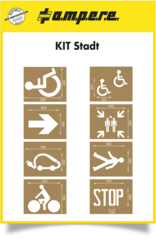 a.m.p.e.r.e. kit de pochoirs Stadt pour le marquage au sol, fauteuil roulant, flèche, point de rassemblement, station de recharge, piétons, vélos, stop  L