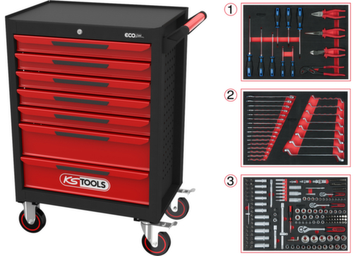 KS Tools ECOline BLACK/ROT Chariot d'atelier avec 7 tiroirs et 215 outils haut de gamme