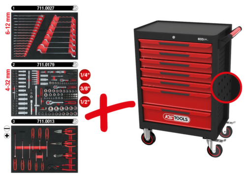 KS Tools ECOline BLACK/ROT Chariot d'atelier avec 7 tiroirs et 215 outils haut de gamme  L