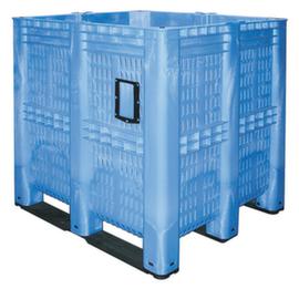 Méga-container 7 fois empilable + parois perforées, capacité 1400 l, bleu, patins