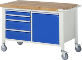 RAU Établi mobile Serie 8000, 4 tiroirs, 1 armoire, 1 barre de poussée, RAL7035 gris clair/RAL5010 bleu gentiane