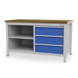 Bedrunka + Hirth Etabli avec plateau en hêtre massif Piétement en plusieurs couleurs, 3 tiroirs, 2 tablettes