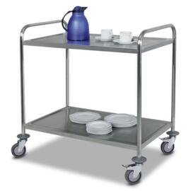 Chariot pour l'alimentaire acier inoxydable avec plateaux insonorisés, force 200 kg, 2 plateaux