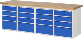 RAU établi Serie 7000 avec piètement en blocs à tiroirs, 16 tiroirs, RAL7035 gris clair/RAL5010 bleu gentiane