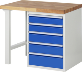 RAU établi Serie 7000 avec piètement en blocs à tiroirs, 5 tiroirs, RAL7035 gris clair/RAL5010 bleu gentiane
