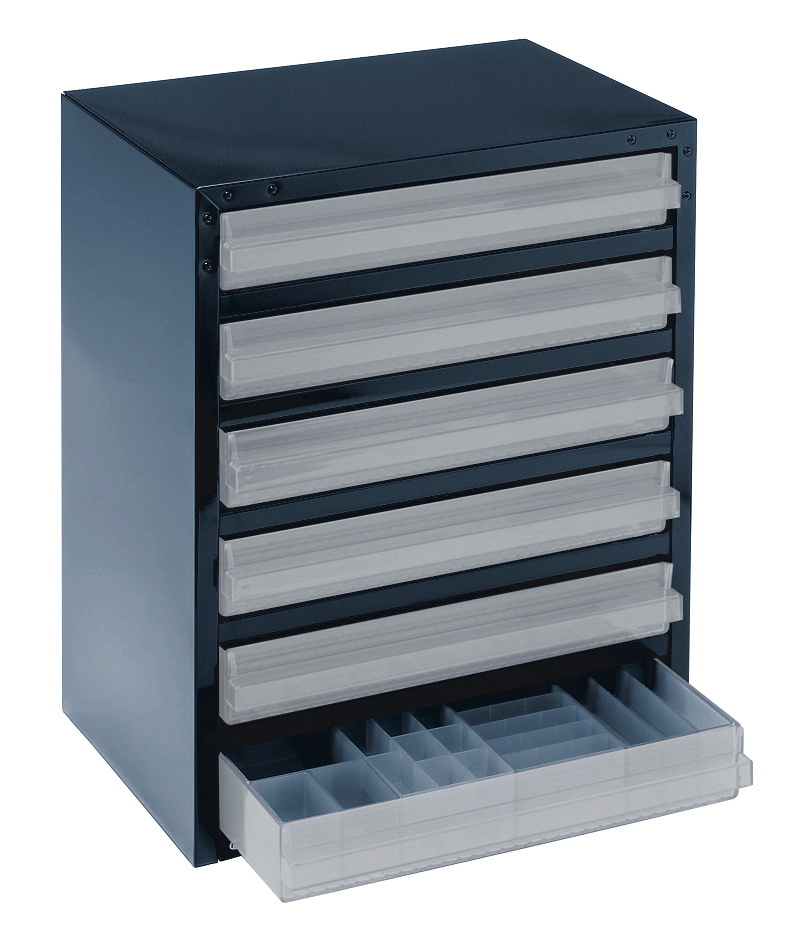 raaco bloc à tiroirs transparents robuste 250/6-3 avec cadre en métal, 6 tiroir(s), bleu foncé/transparent  ZOOM