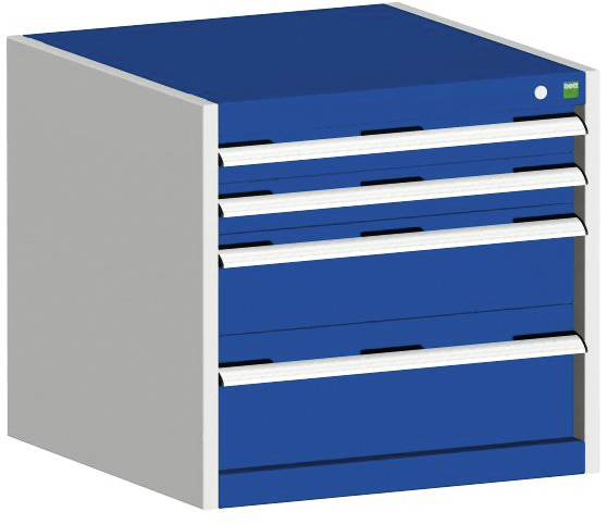 bott Armoire à tiroirs cubio surface de base 650x650 mm, 4 tiroir(s), RAL7035 gris clair/RAL5010 bleu gentiane