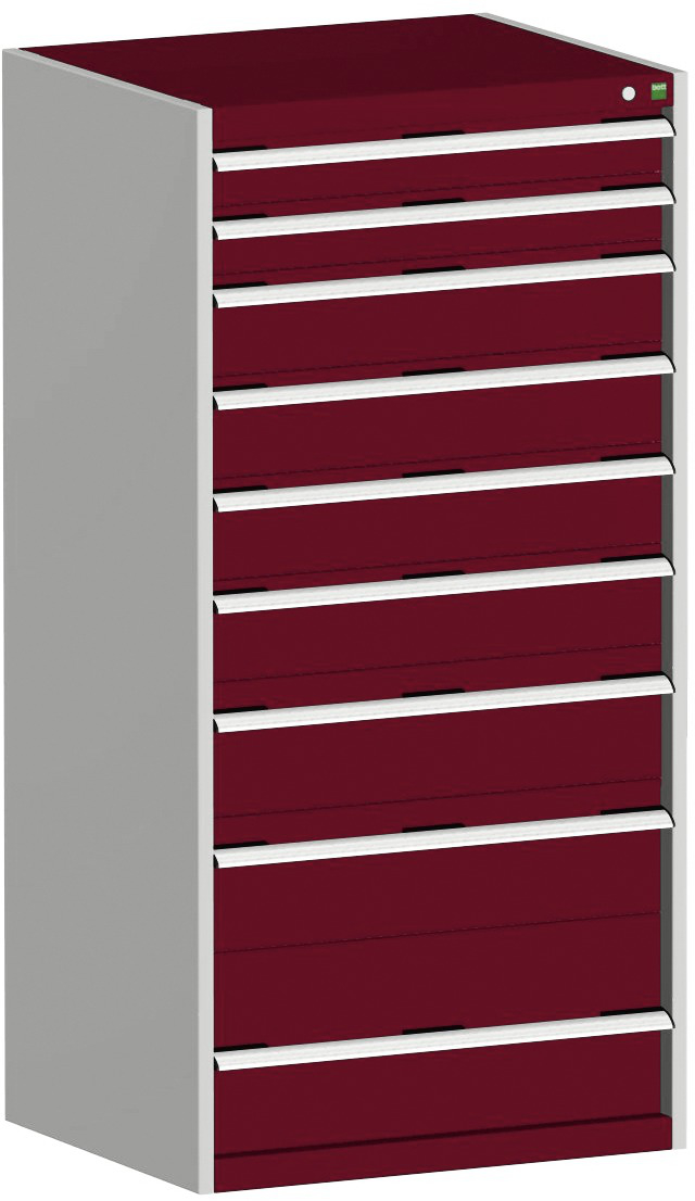 bott Armoire à tiroirs cubio surface de base 800x650 mm, 9 tiroir(s), RAL7035 gris clair/RAL3004 rouge pourpre