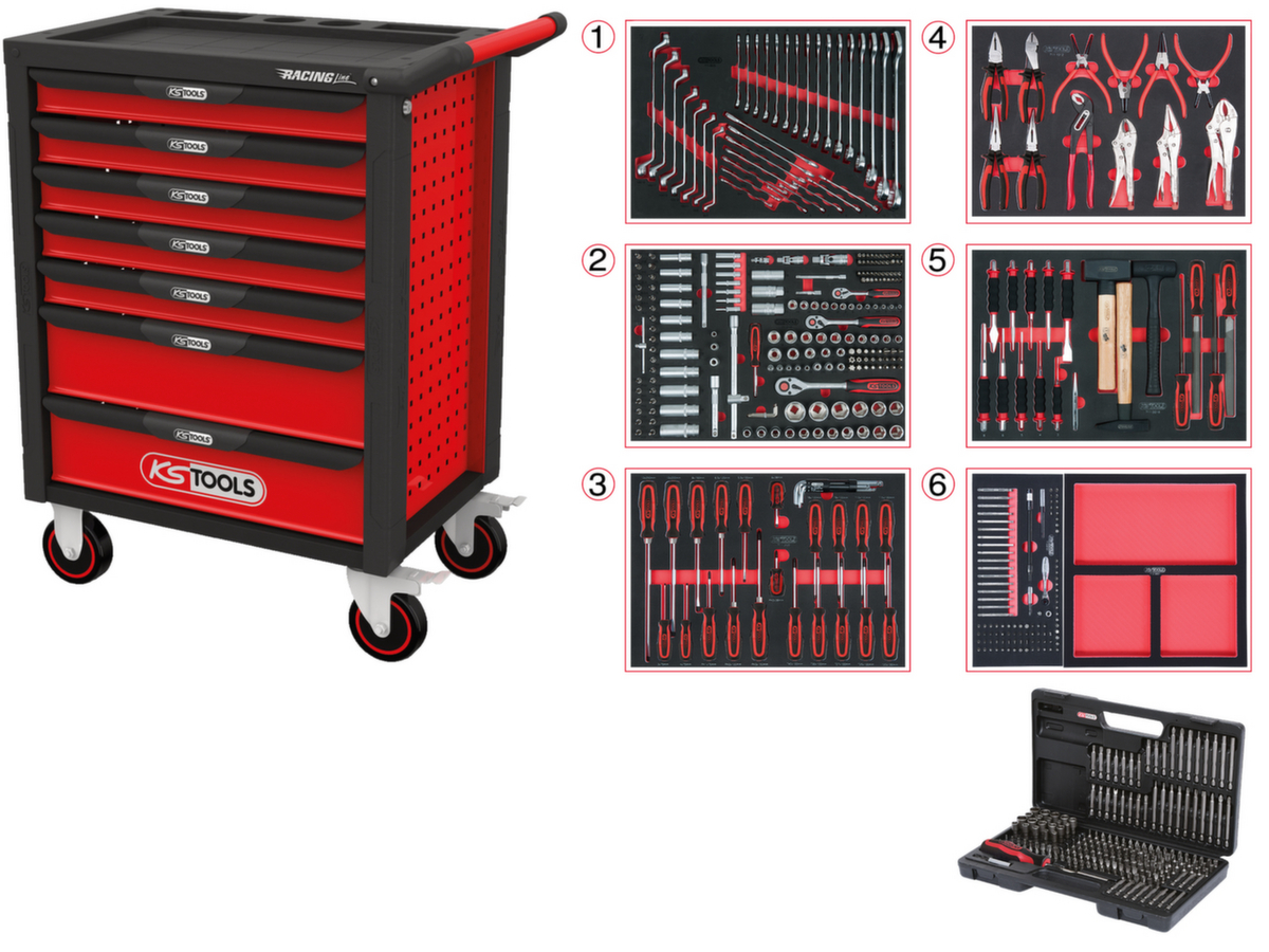 KS Tools RACINGline BLACK/ROT Chariot d'atelier avec 7 tiroirs et 598 outils haut de gamme