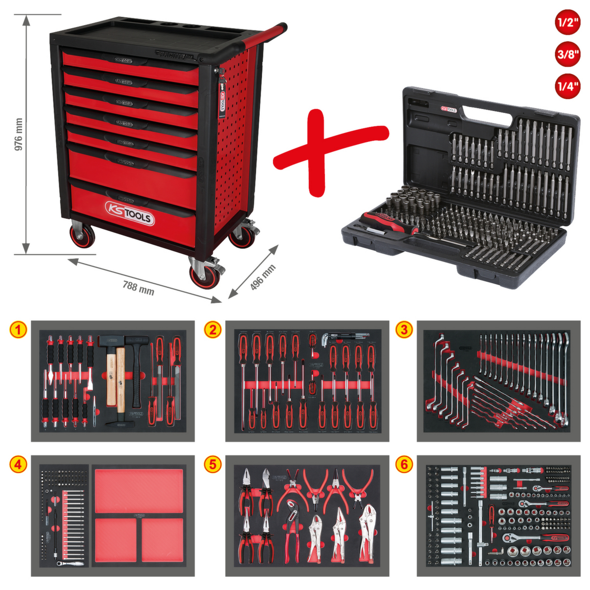 KS Tools RACINGline BLACK/ROT Chariot d'atelier avec 7 tiroirs et 598 outils haut de gamme  ZOOM