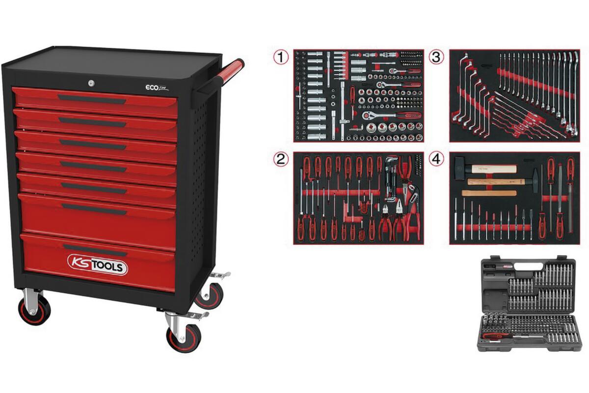 KS Tools ECOline BLACK/ROT Chariot d'atelier avec 7 tiroirs et 515 outils haut de gamme